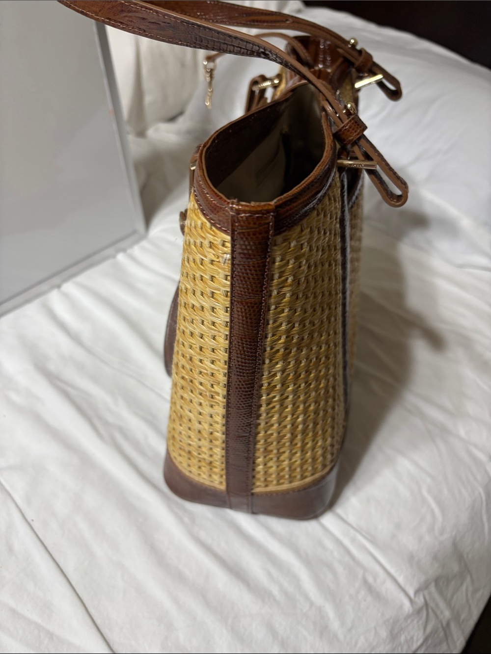 Brahmin Natural Woven Tote with Brown Trim. EUC - Picture 8 of 9